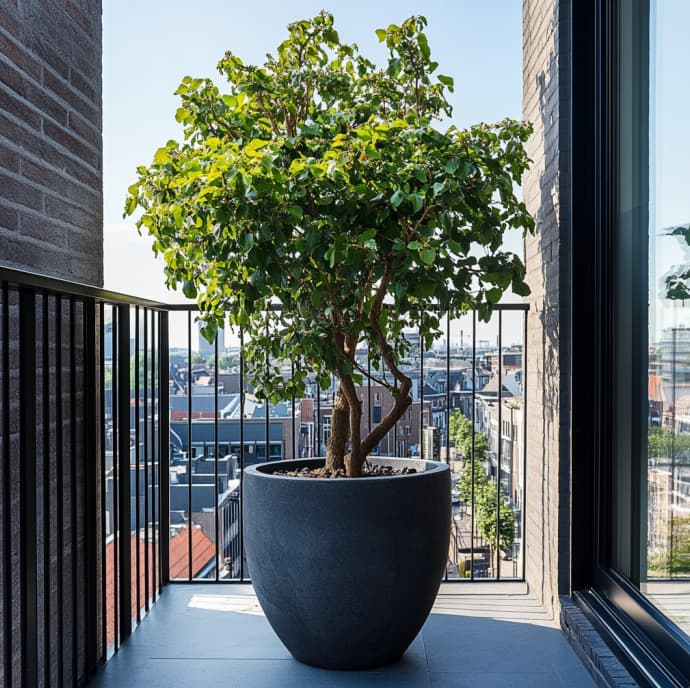 een grote boom in een grijze pot op een klein balkon