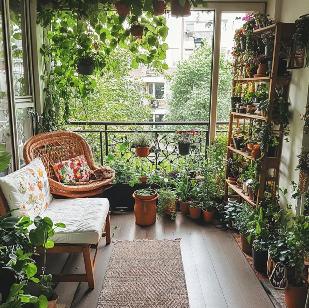 binnen balkon met plantenpotjes iop de grond en twee stoelen aan de linkerkant