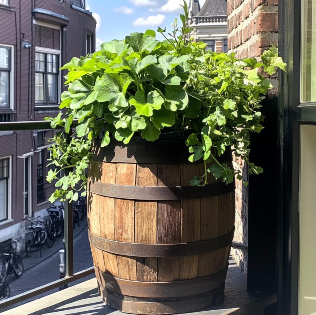 Ton met plantjes erin op een amsterdams balkon