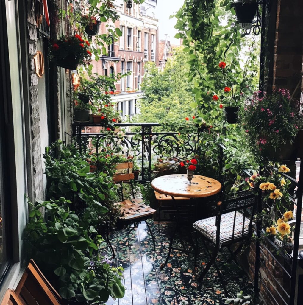 Een groen balkon met een tafeltje en twee stoeltjes