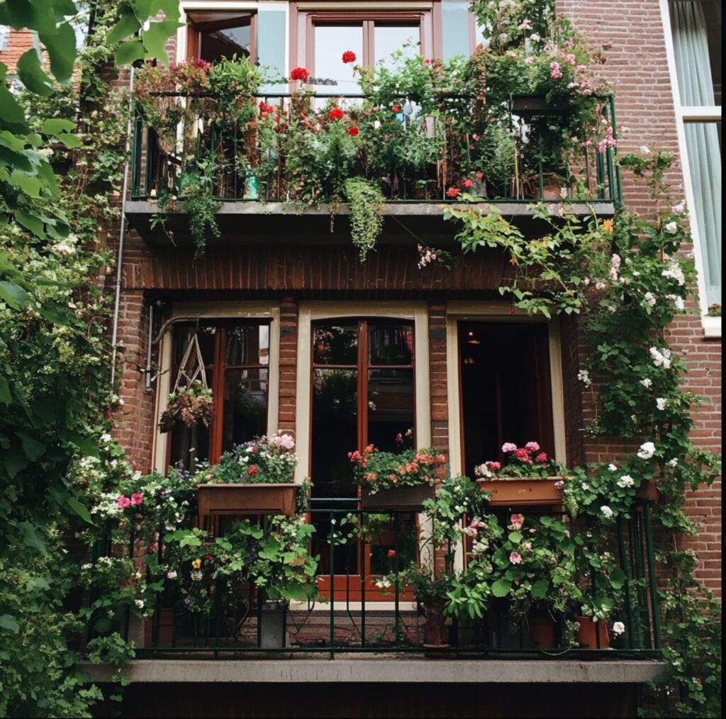 Groen balkon met terracotta bakken aan de reling en bruine deuren en ramen