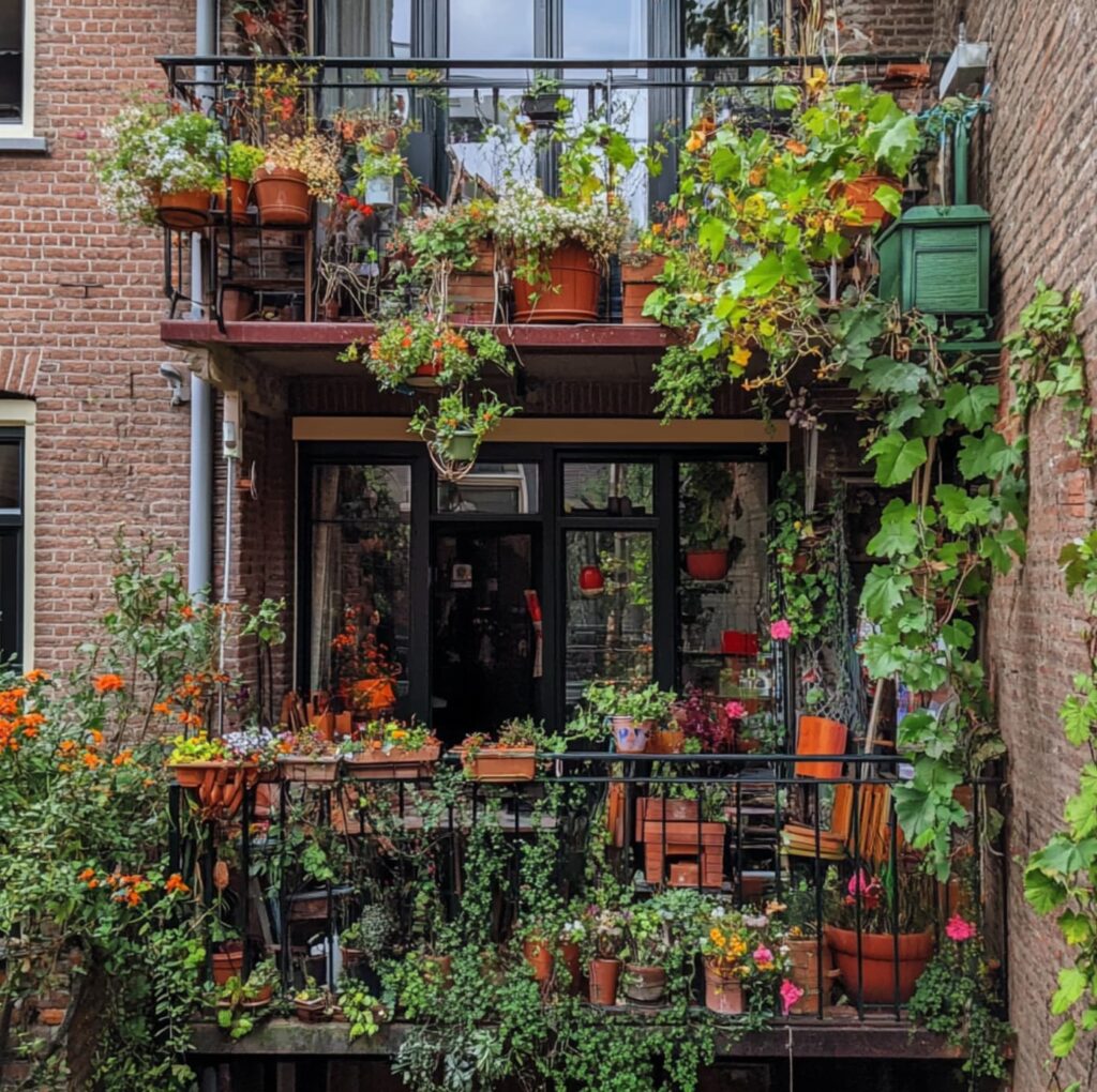 twee groene balkonnetjes vol met plantjes