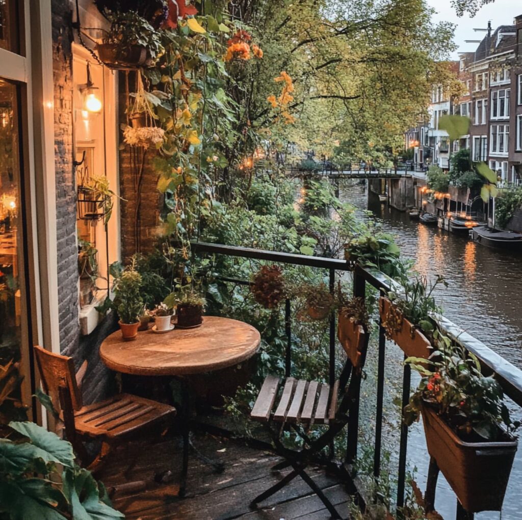 Gezellig balkon met tafeltje en twee houten stoeltjes en plantjes aan de gracht in Amsterdam