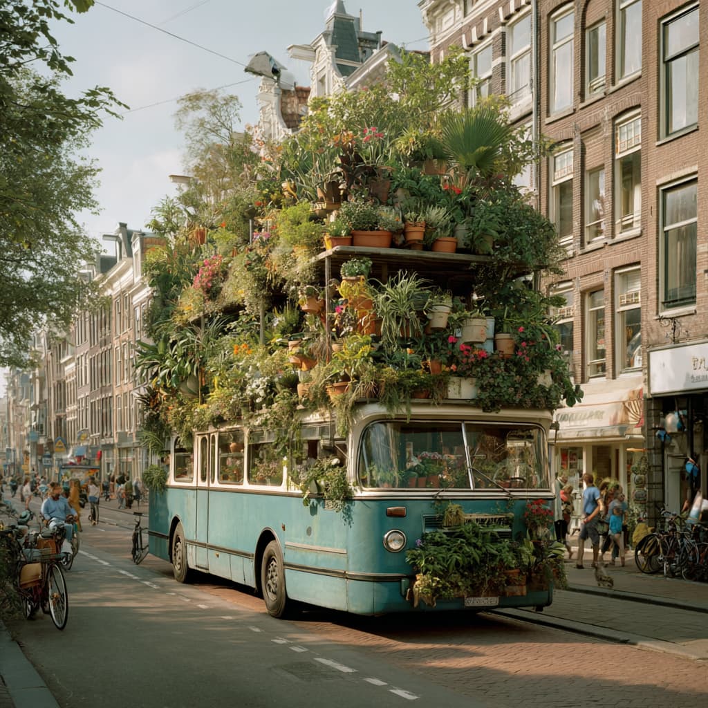 Een bus vol met plantenpoten die door Amsterdam rijdt