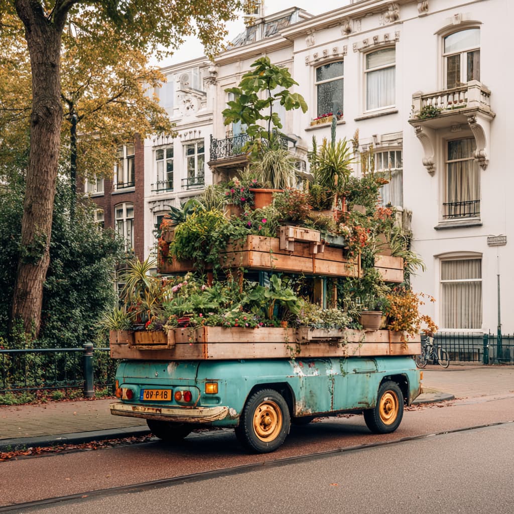 Een auto vol met plantenpotten naast de weg van een Amsterdamse buurt