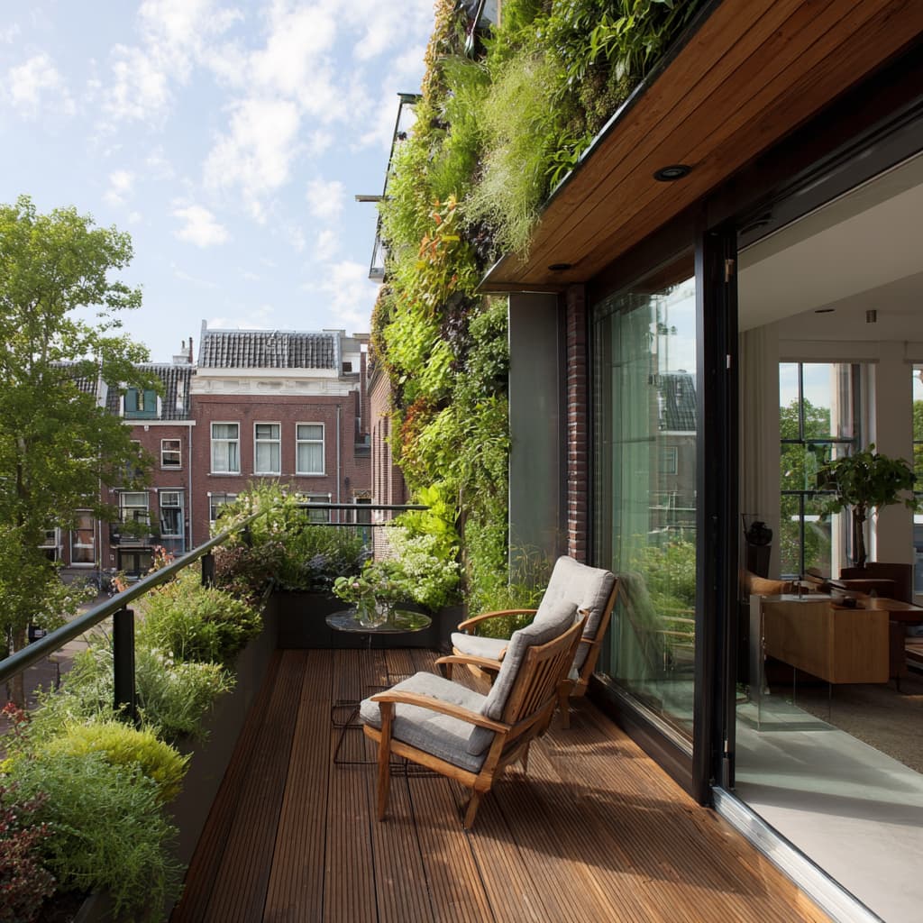 Een modern design balkon in Amsterdam met twee houten stoelen