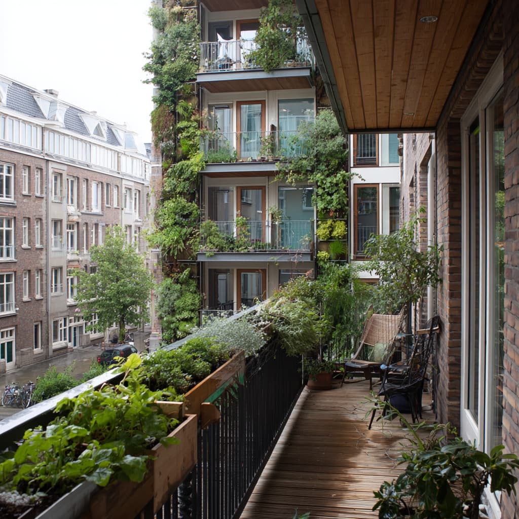 Amsterdams groen balkon met plantenpotten aan de reling