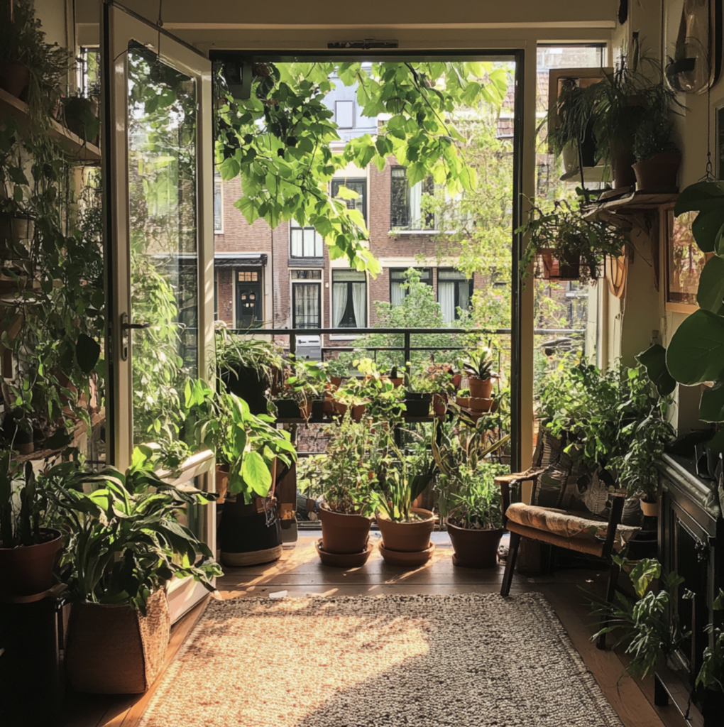 Open doors to balcony with all plant pots around the door inside and out the house.