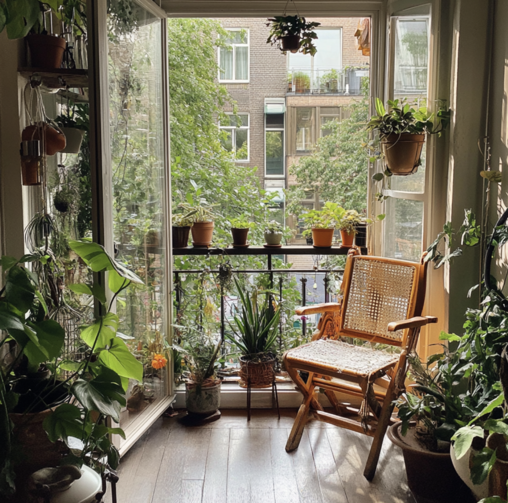 Openstaande deuren balkon met planten buiten en binnen met houten stoel rechts